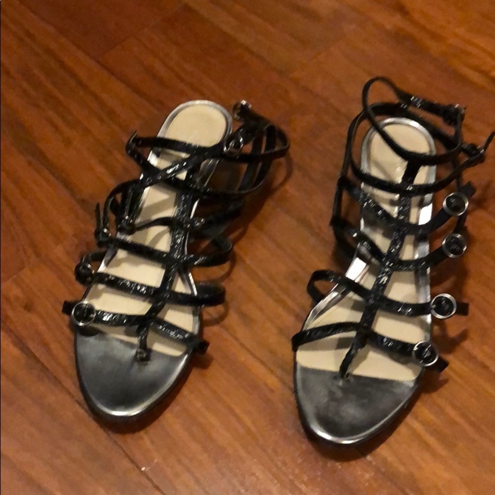 Ellie Tahari black strappy wedge sandals, sz 37.5